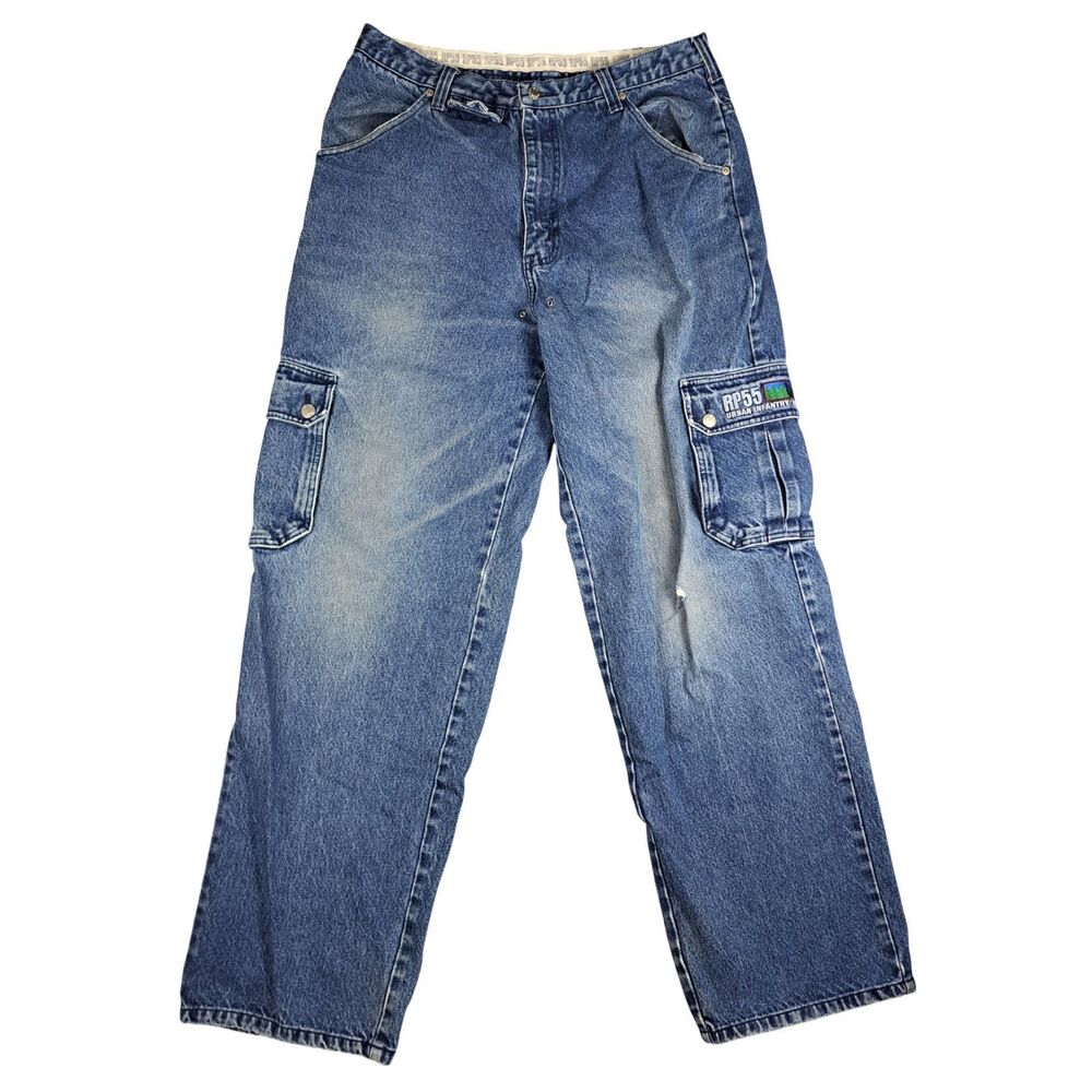 RP55 Jeans Mens 36 Cargo Baggy Blue Dark Wash Hoodhiker Series